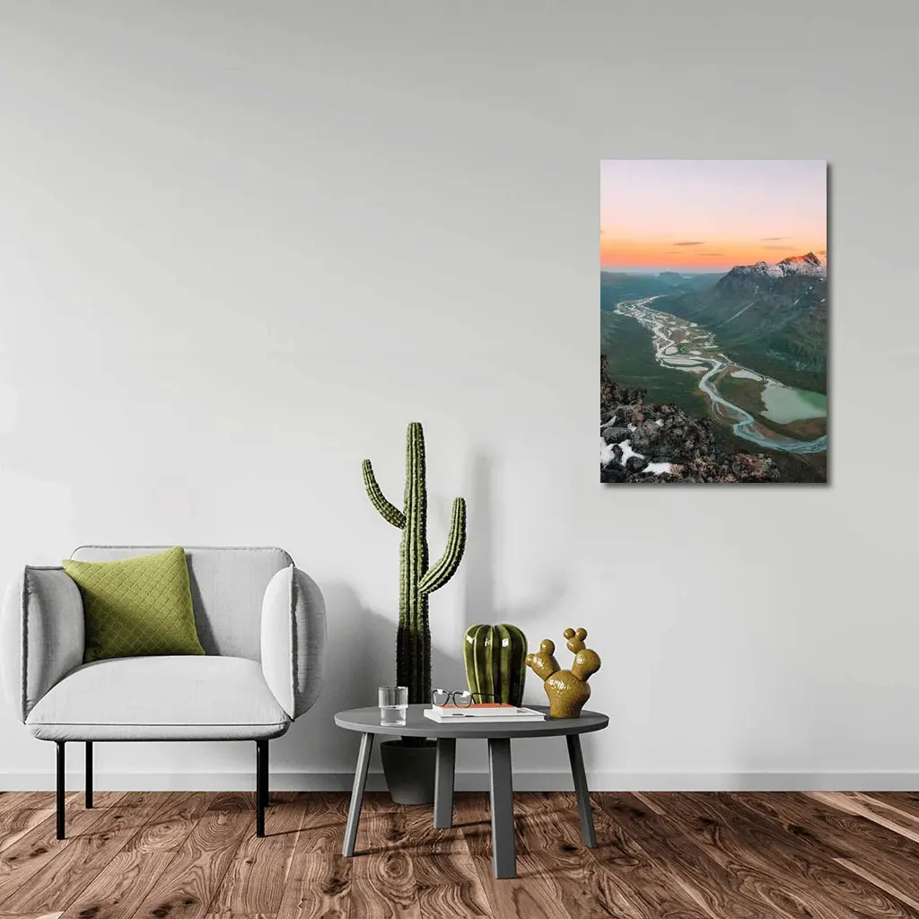 Winding River Valley Sunset Mountain Aerial View – Wall Art