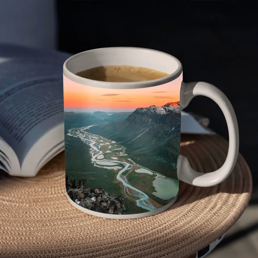 Winding River Valley Sunset Mountain Aerial View – Mugs