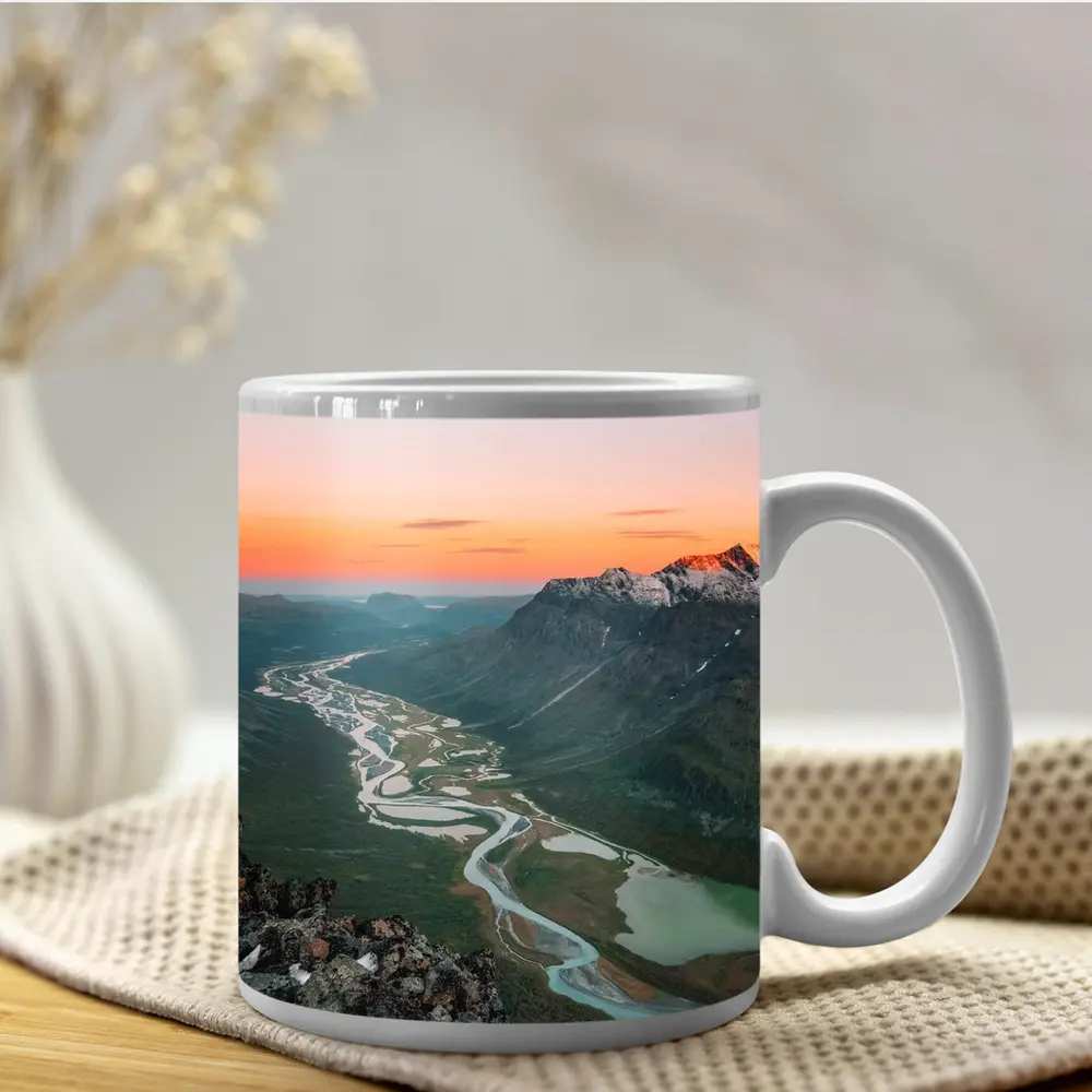 Winding River Valley Sunset Mountain Aerial View – Mugs