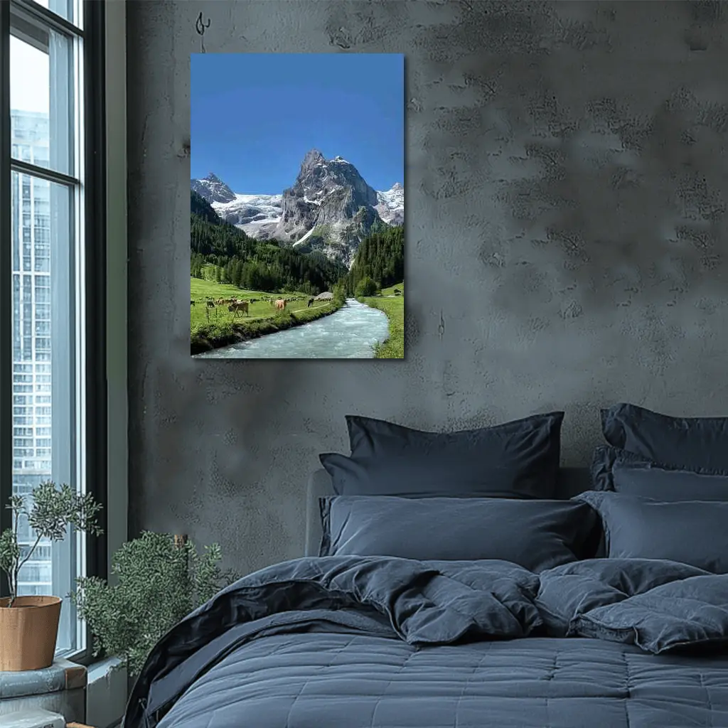 Swiss Alps Mountain Valley River Cows – Wall Art