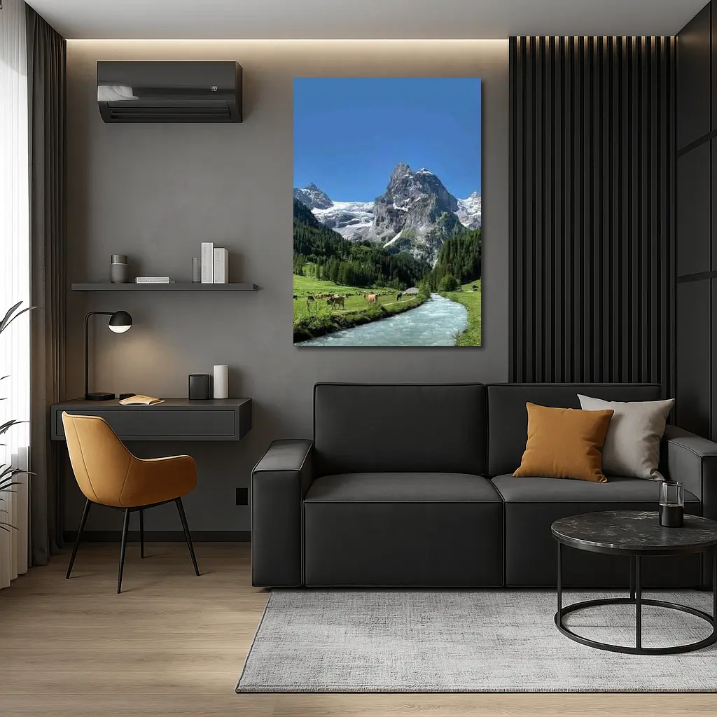 Swiss Alps Mountain Valley River Cows – Wall Art
