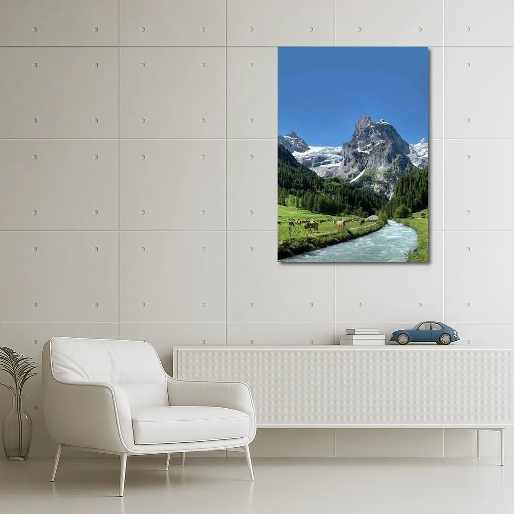 Swiss Alps Mountain Valley River Cows – Wall Art