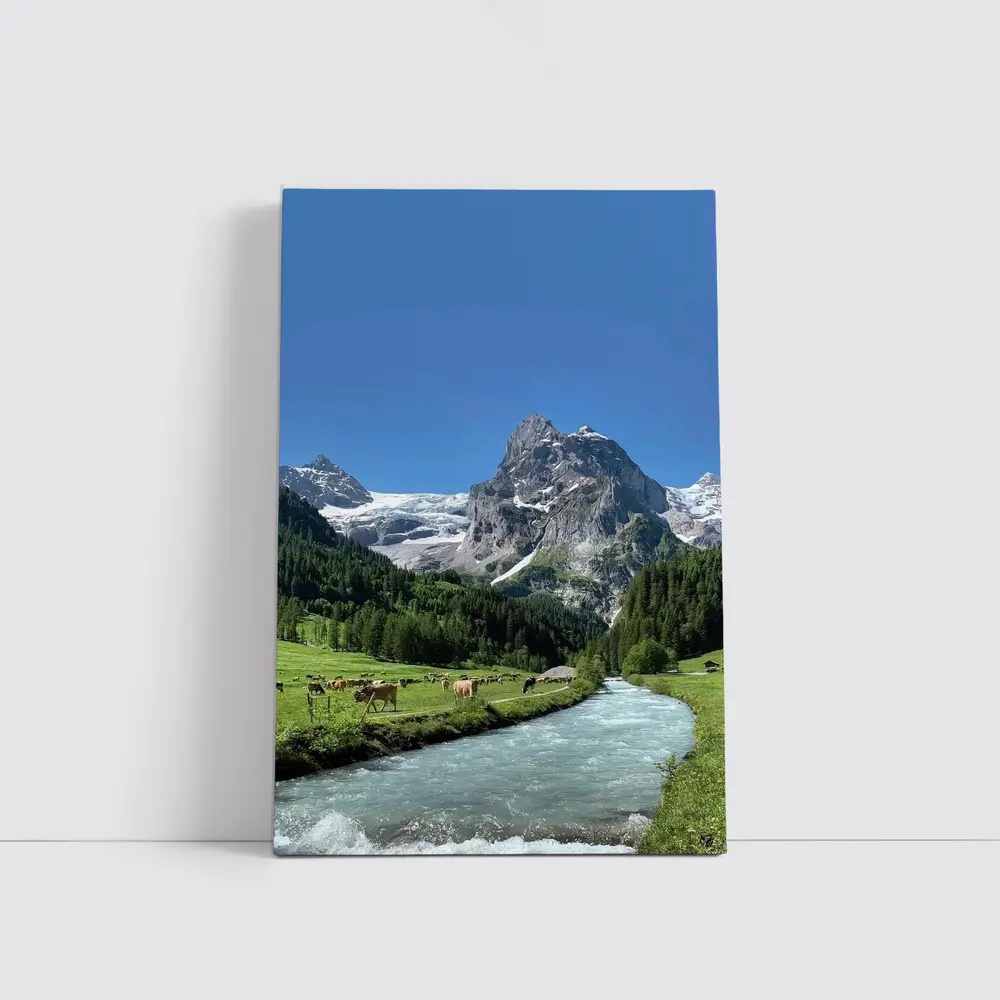 Swiss Alps Mountain Valley River Cows – Wall Art