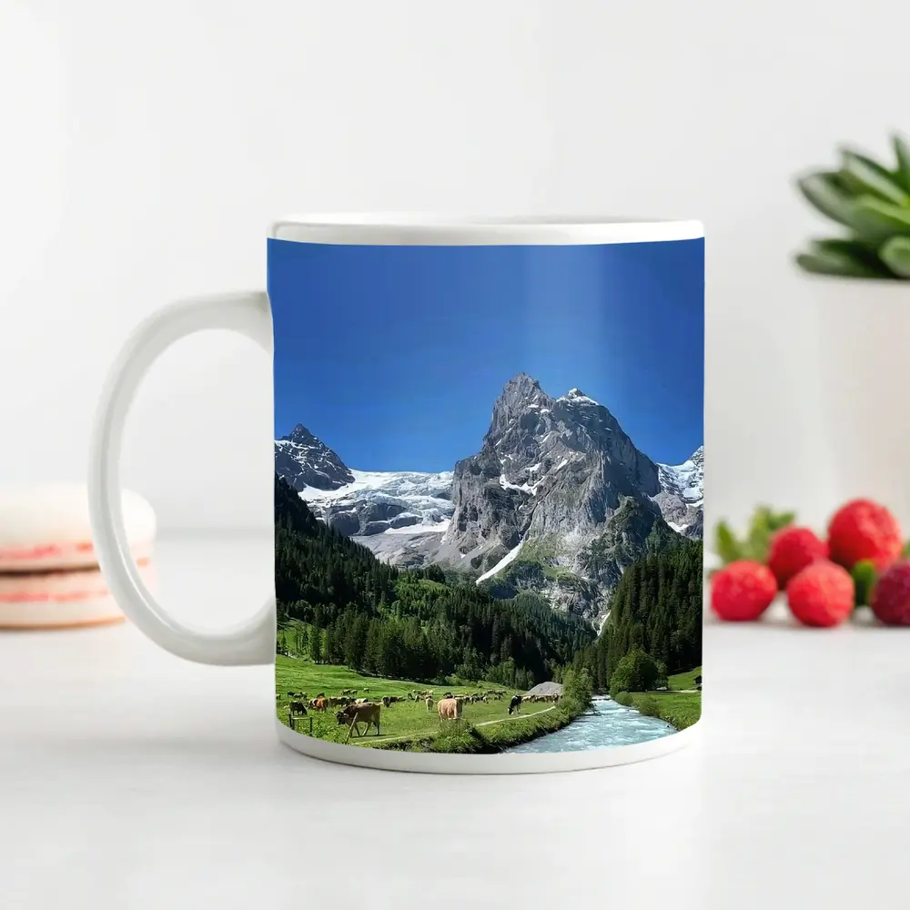 Swiss Alps Mountain Valley River Cows – Mugs