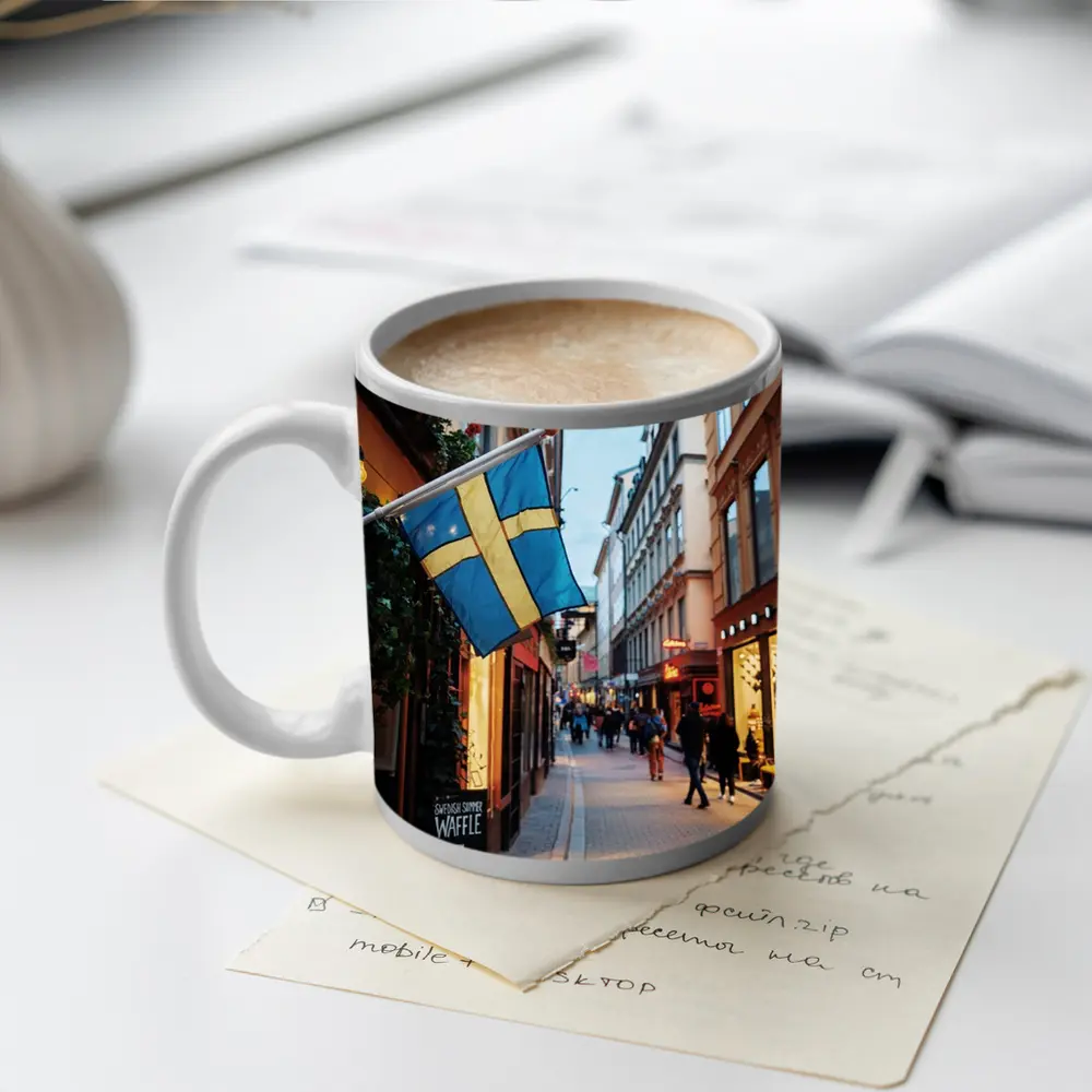 Swedish Flag Old Town Stockholm Street Scene – Mugs