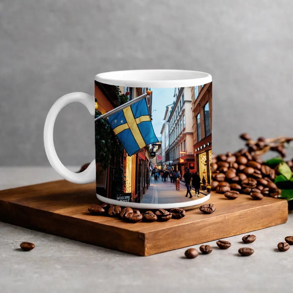 Swedish Flag Old Town Stockholm Street Scene – Mugs
