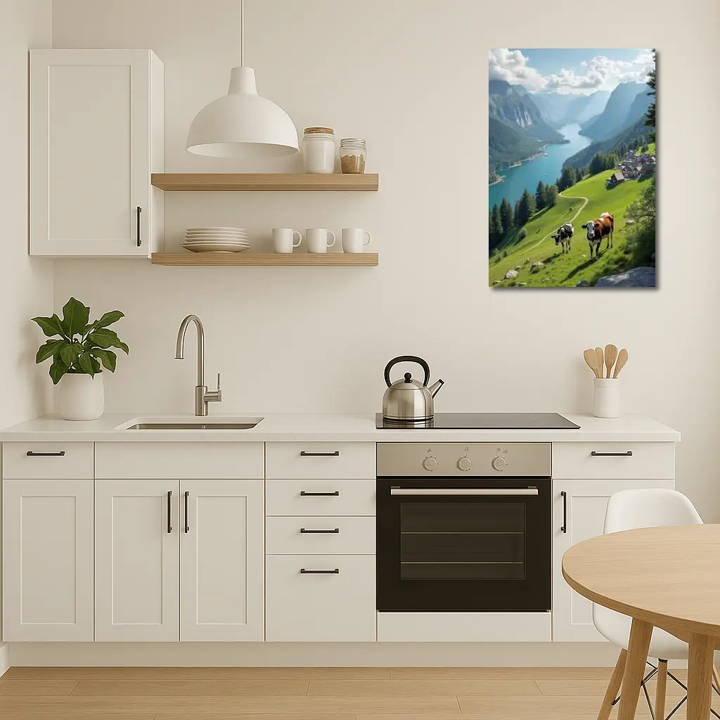 Cows Grazing Alpine Meadow Mountain Lake View – Wall Art