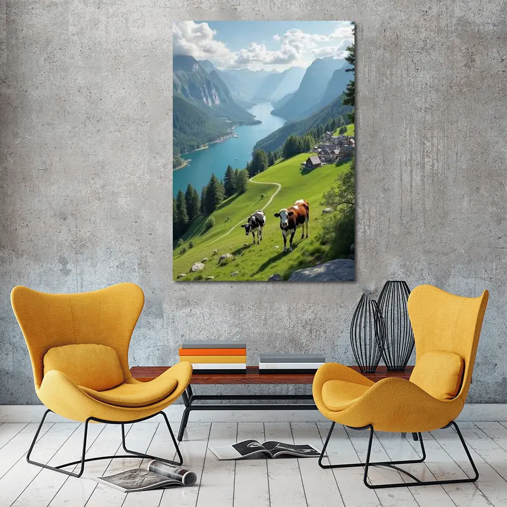Cows Grazing Alpine Meadow Mountain Lake View – Wall Art