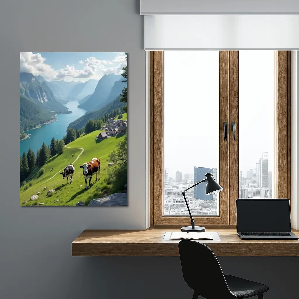 Cows Grazing Alpine Meadow Mountain Lake View – Wall Art