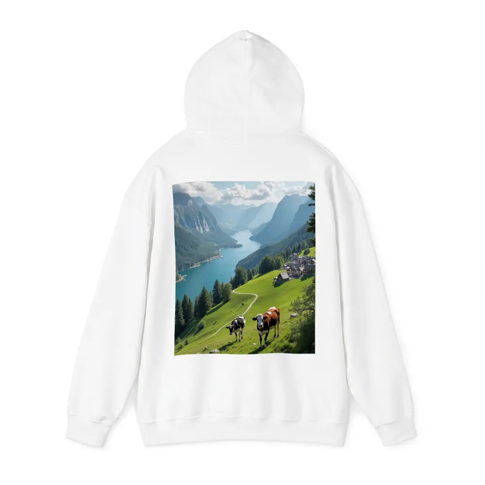 Cows Grazing Alpine Meadow Mountain Lake View – Hoodies