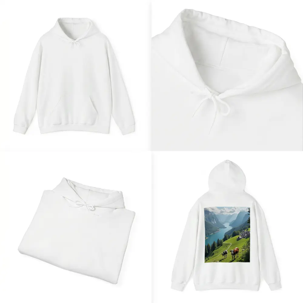 Cows Grazing Alpine Meadow Mountain Lake View – Hoodies