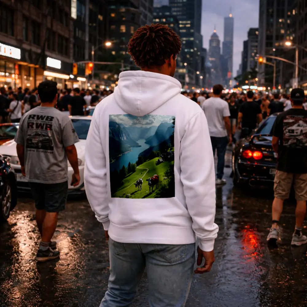 Cows Grazing Alpine Meadow Mountain Lake View – Hoodies