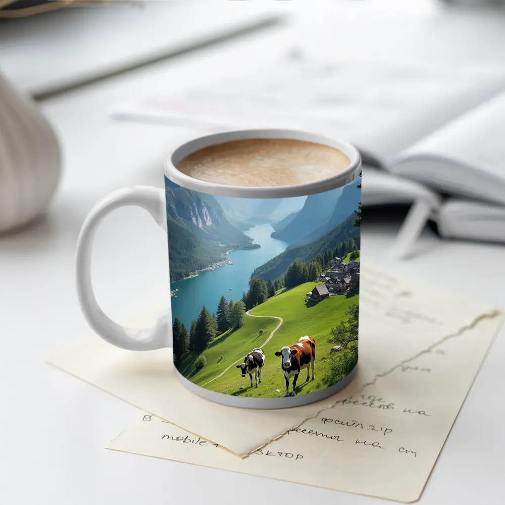 Cows Grazing Alpine Meadow Mountain Lake View – Mugs