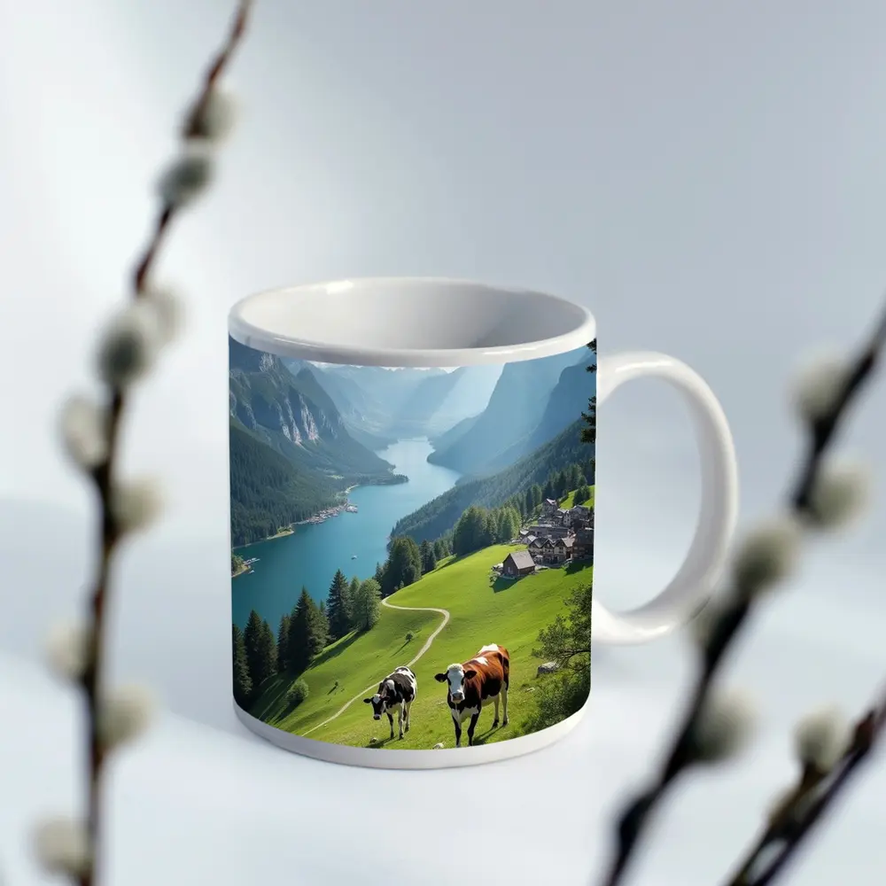Cows Grazing Alpine Meadow Mountain Lake View – Mugs
