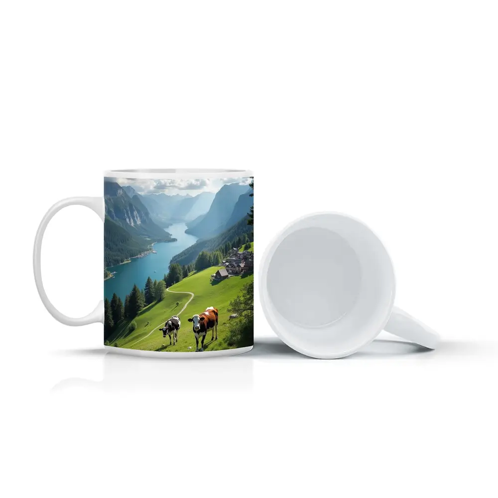 Cows Grazing Alpine Meadow Mountain Lake View – Mugs