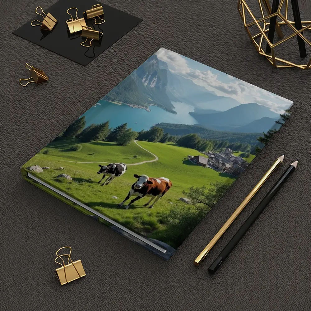 Cows Grazing Alpine Meadow Mountain Lake View – Notebooks