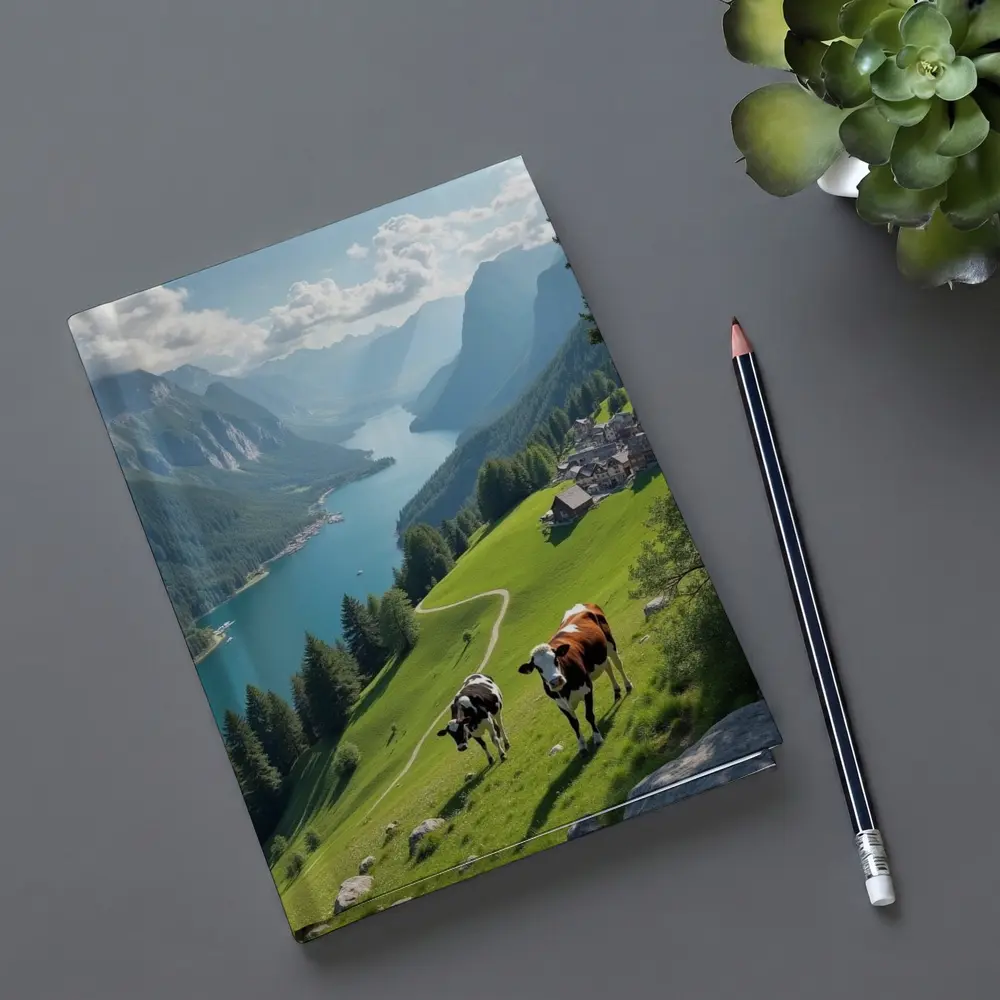 Cows Grazing Alpine Meadow Mountain Lake View – Notebooks