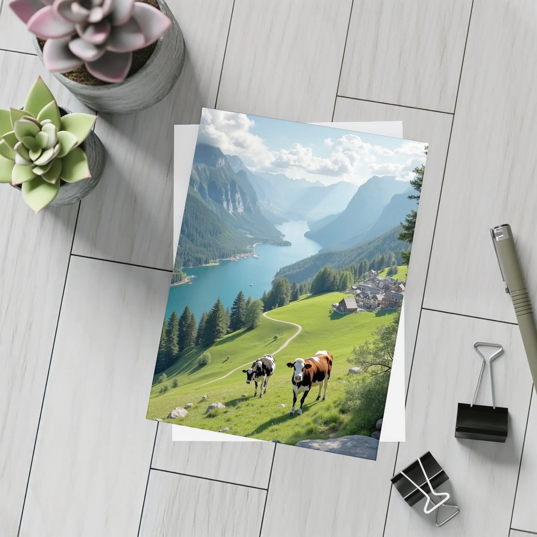 Cows Grazing Alpine Meadow Mountain Lake View – Postcards