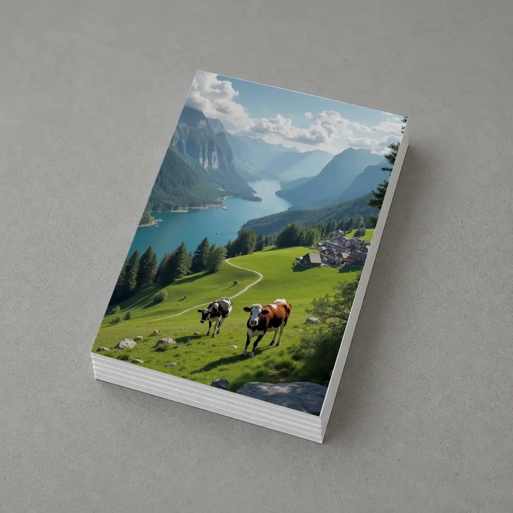 Cows Grazing Alpine Meadow Mountain Lake View – Postcards