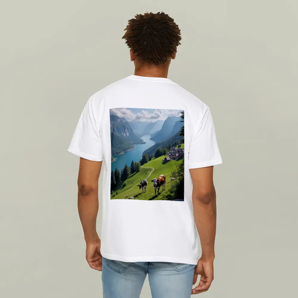 Cows Grazing Alpine Meadow Mountain Lake View – T-Shirts