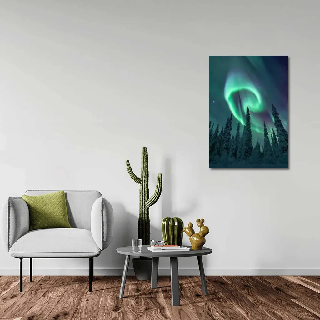 Aurora Borealis Spiral Over Snowy Forest – Wall Art