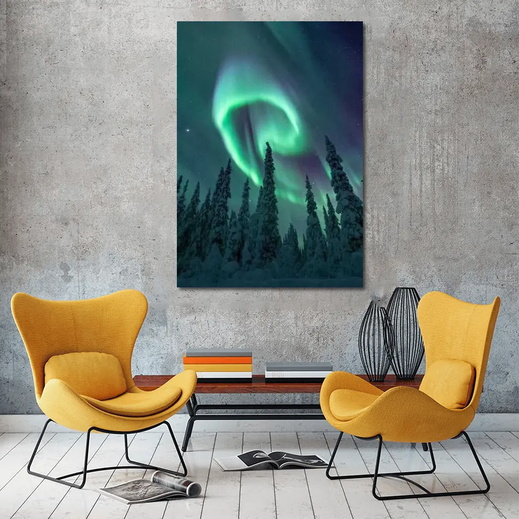 Aurora Borealis Spiral Over Snowy Forest – Wall Art