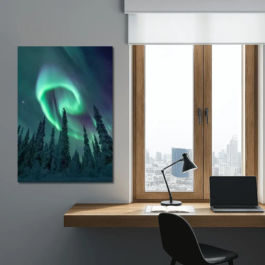 Aurora Borealis Spiral Over Snowy Forest – Wall Art