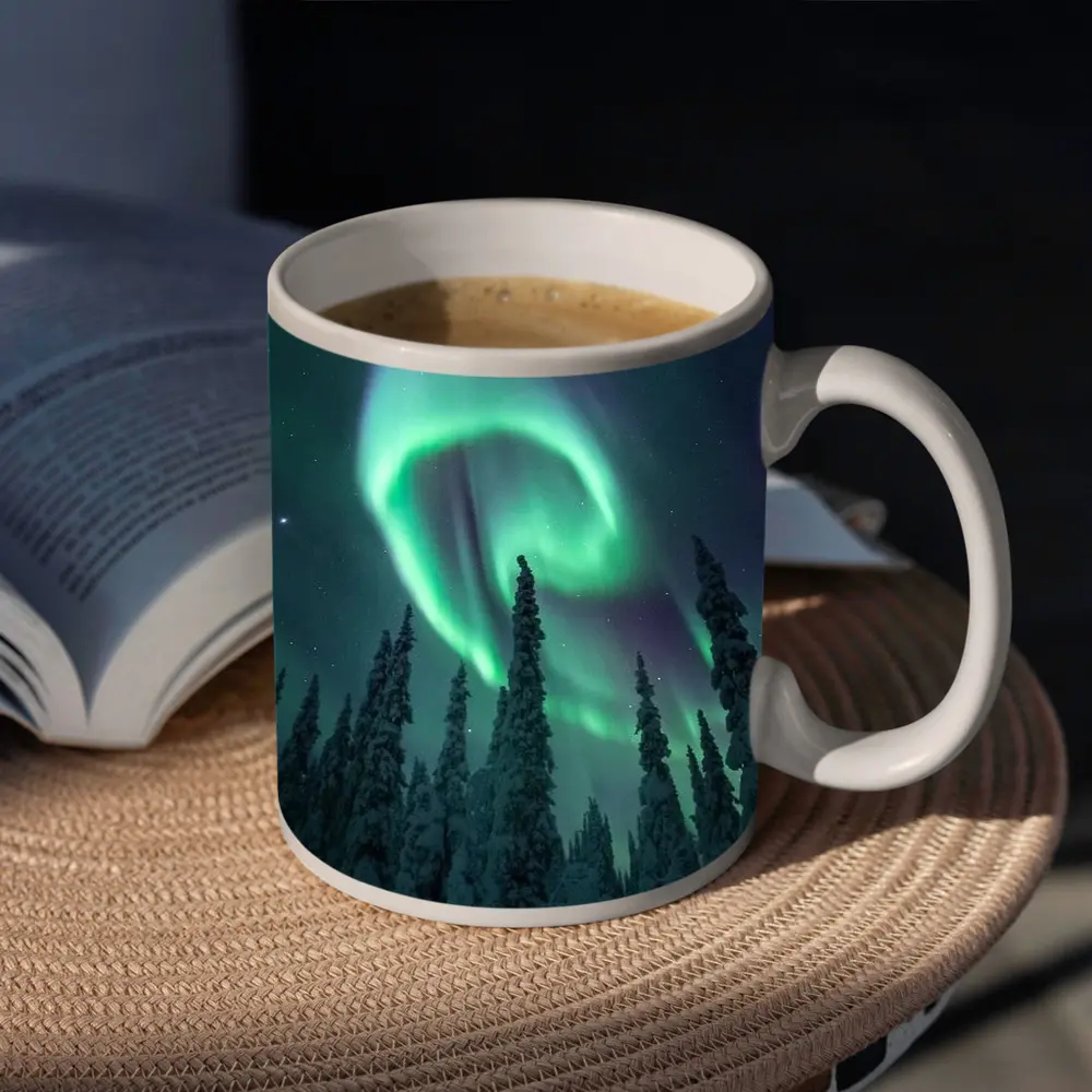Aurora Borealis Spiral Over Snowy Forest – Mugs