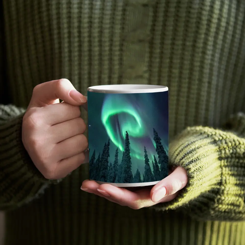 Aurora Borealis Spiral Over Snowy Forest – Mugs