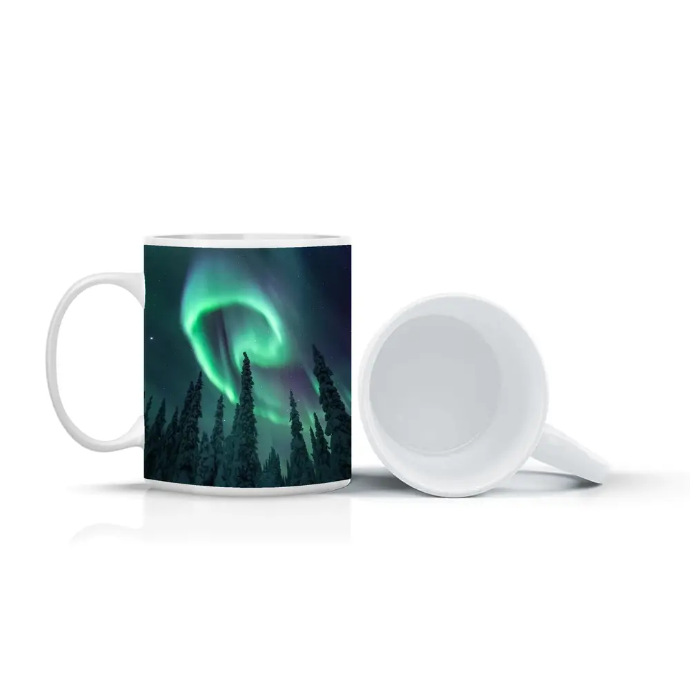 Aurora Borealis Spiral Over Snowy Forest – Mugs