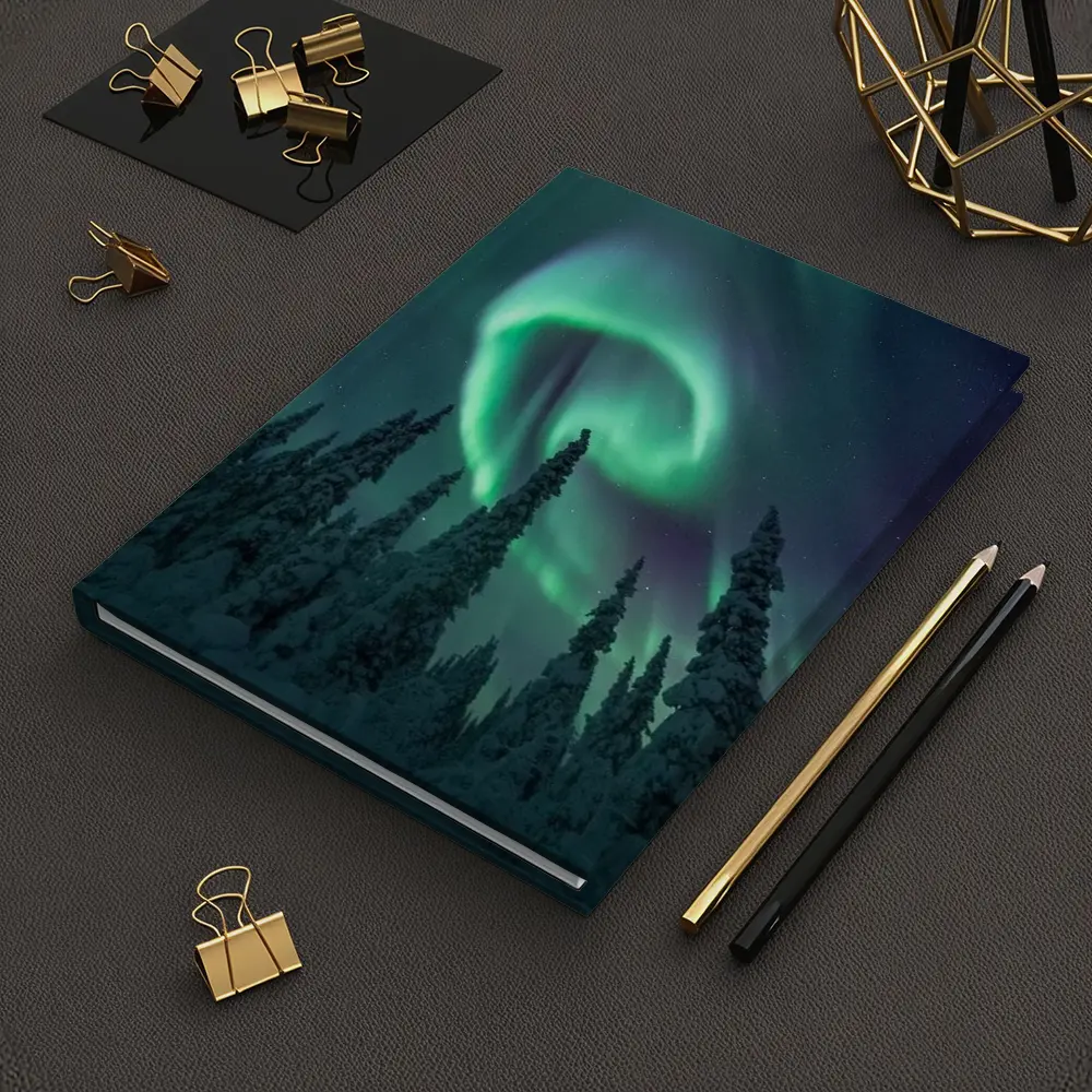 Aurora Borealis Spiral Over Snowy Forest – Notebooks
