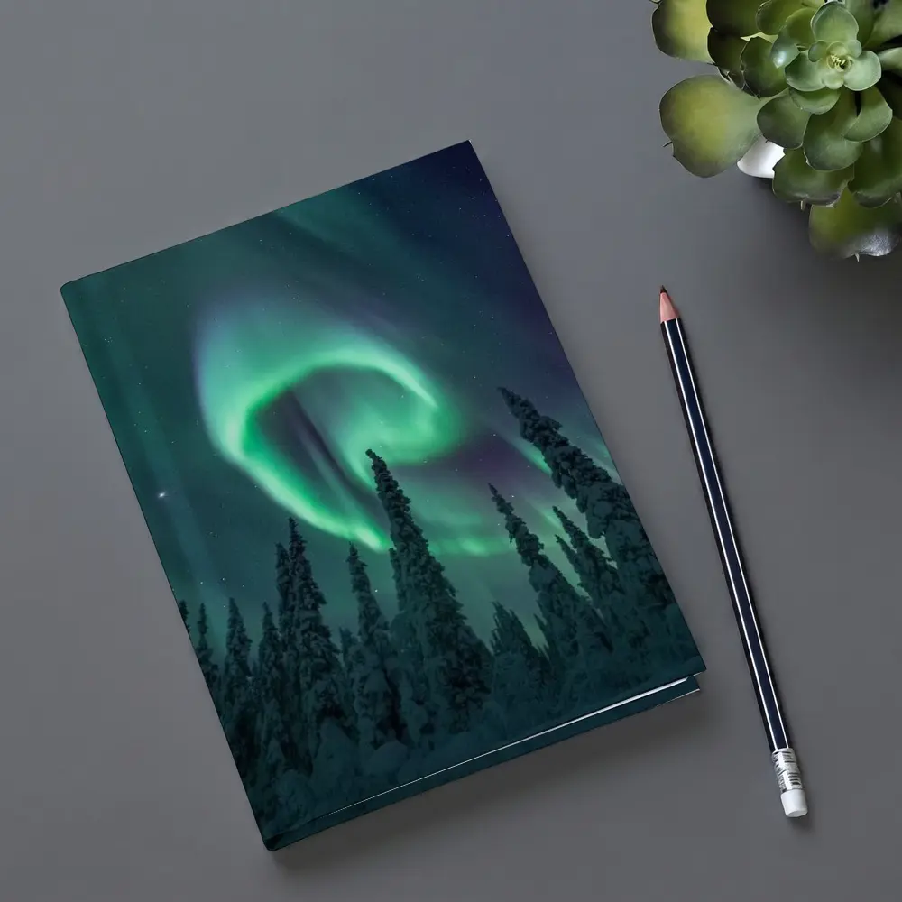 Aurora Borealis Spiral Over Snowy Forest – Notebooks