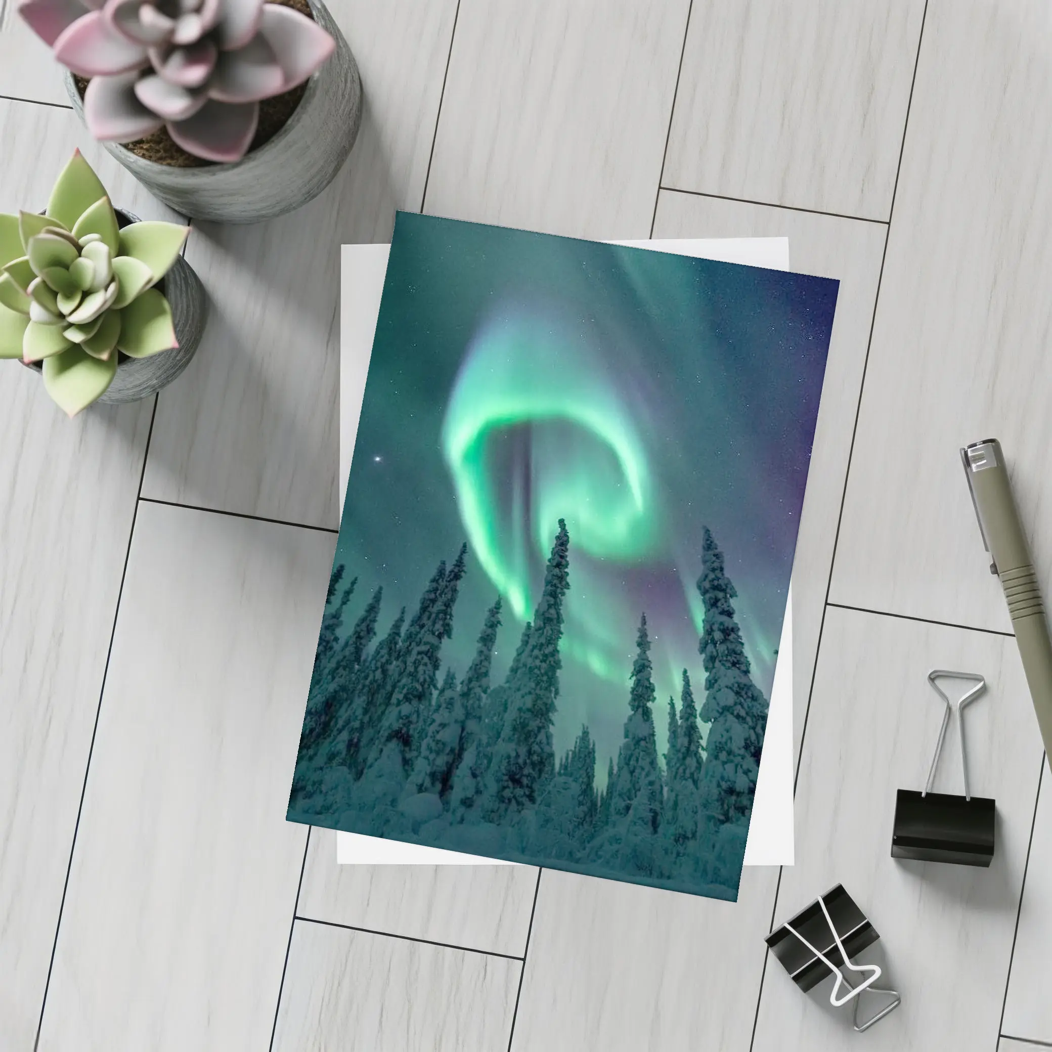 Aurora Borealis Spiral Over Snowy Forest – Postcards