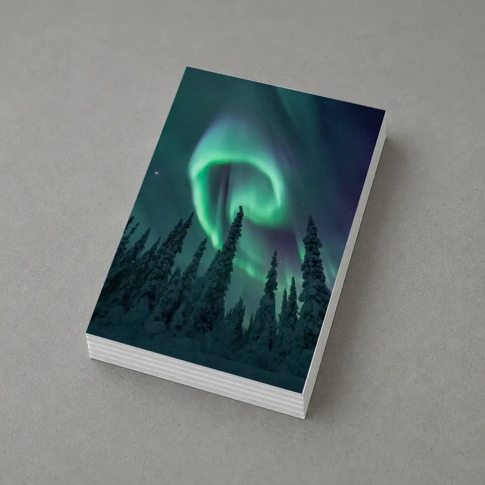 Aurora Borealis Spiral Over Snowy Forest – Postcards