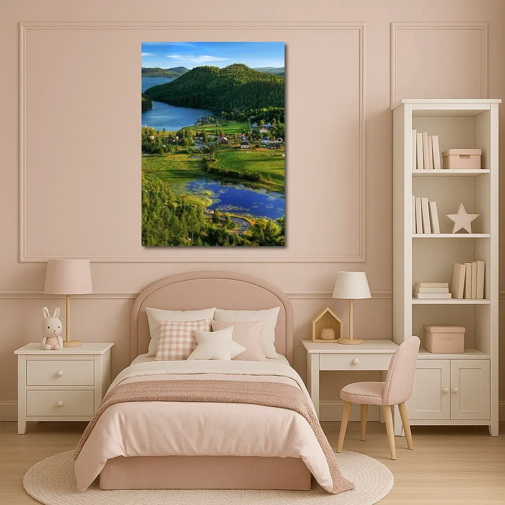 Scenic Norwegian Village Lake Green Hills – Wall Art