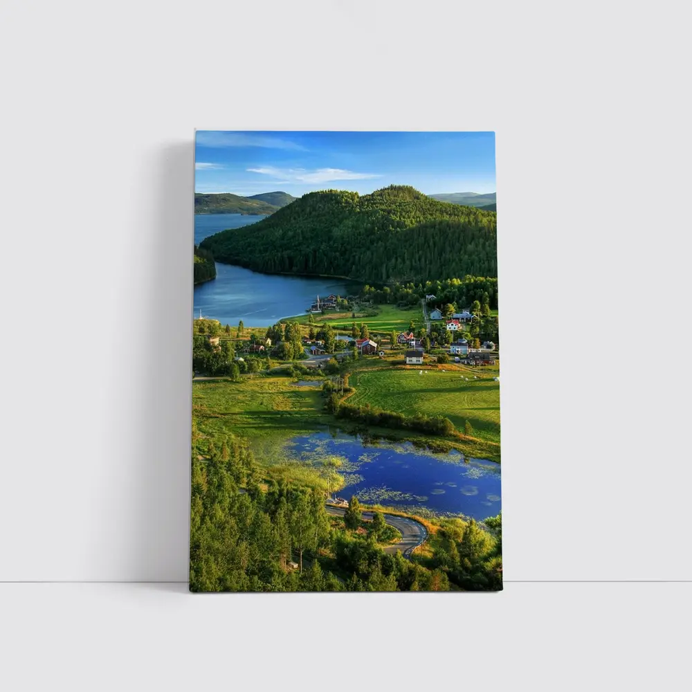 Scenic Norwegian Village Lake Green Hills – Wall Art