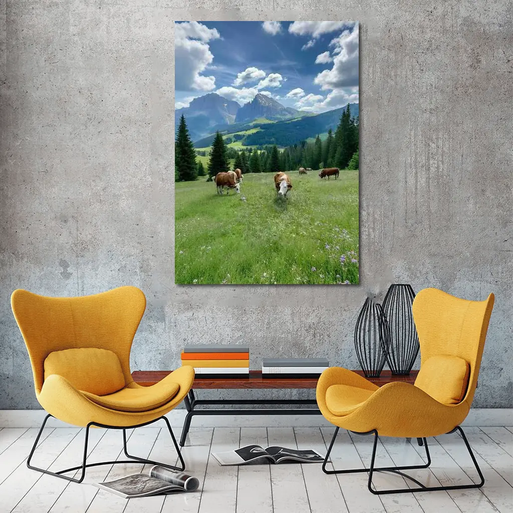 Cows Grazing Alpine Meadow Mountains Blue Sky – Wall Art