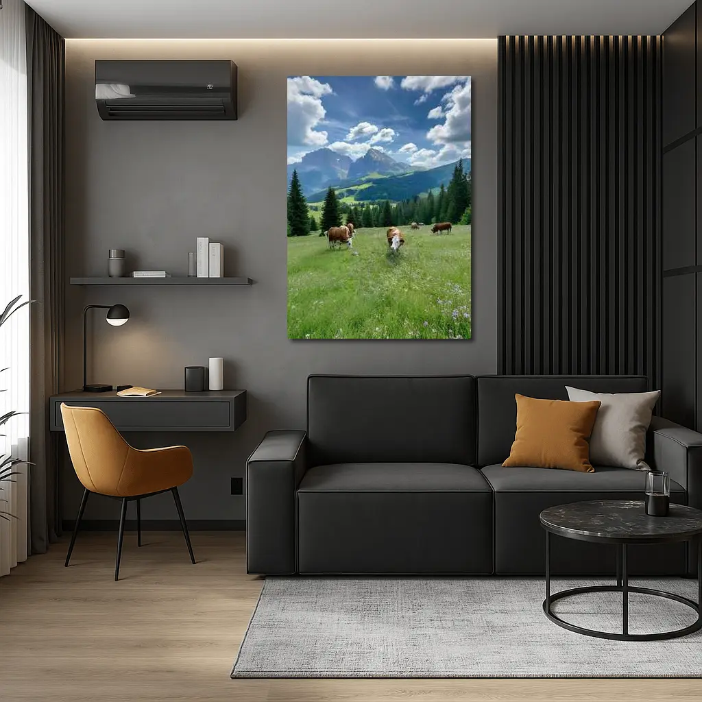 Cows Grazing Alpine Meadow Mountains Blue Sky – Wall Art