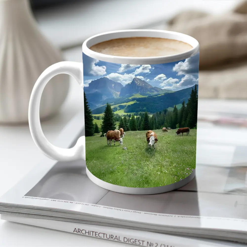 Cows Grazing Alpine Meadow Mountains Blue Sky – Mugs