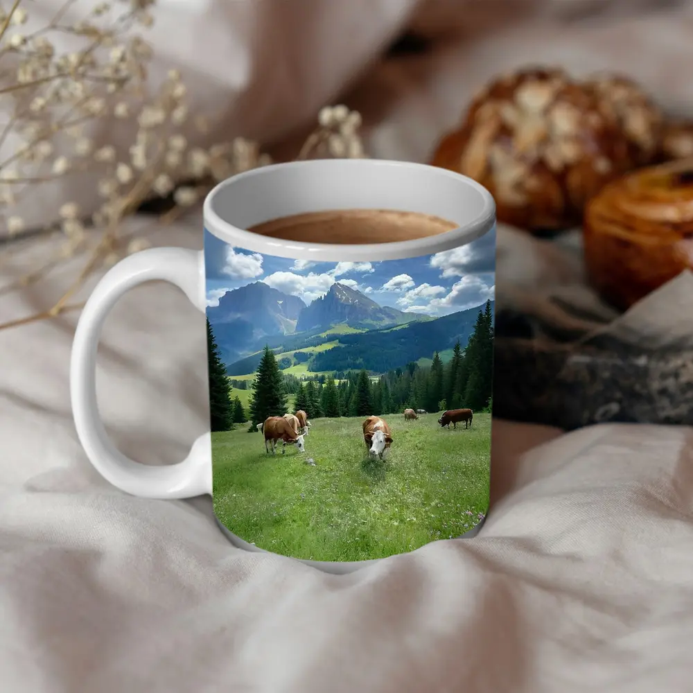 Cows Grazing Alpine Meadow Mountains Blue Sky – Mugs