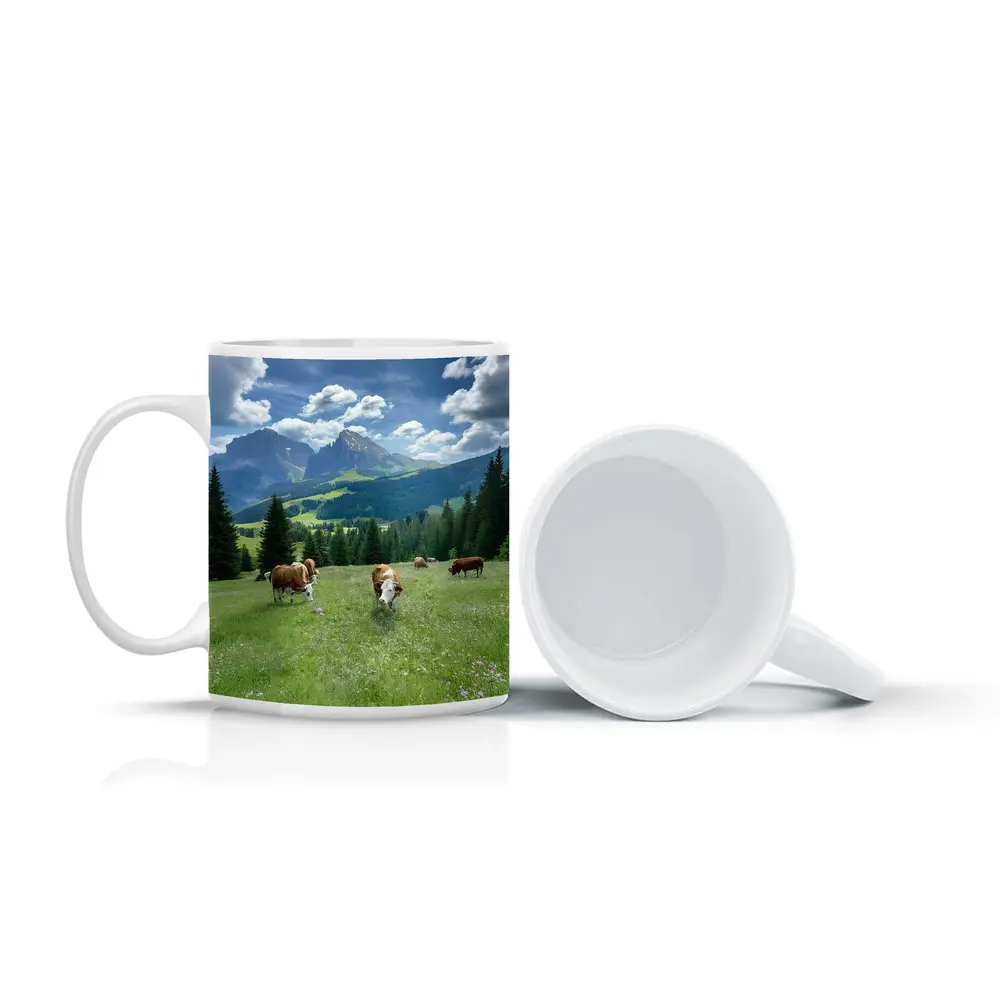 Cows Grazing Alpine Meadow Mountains Blue Sky – Mugs