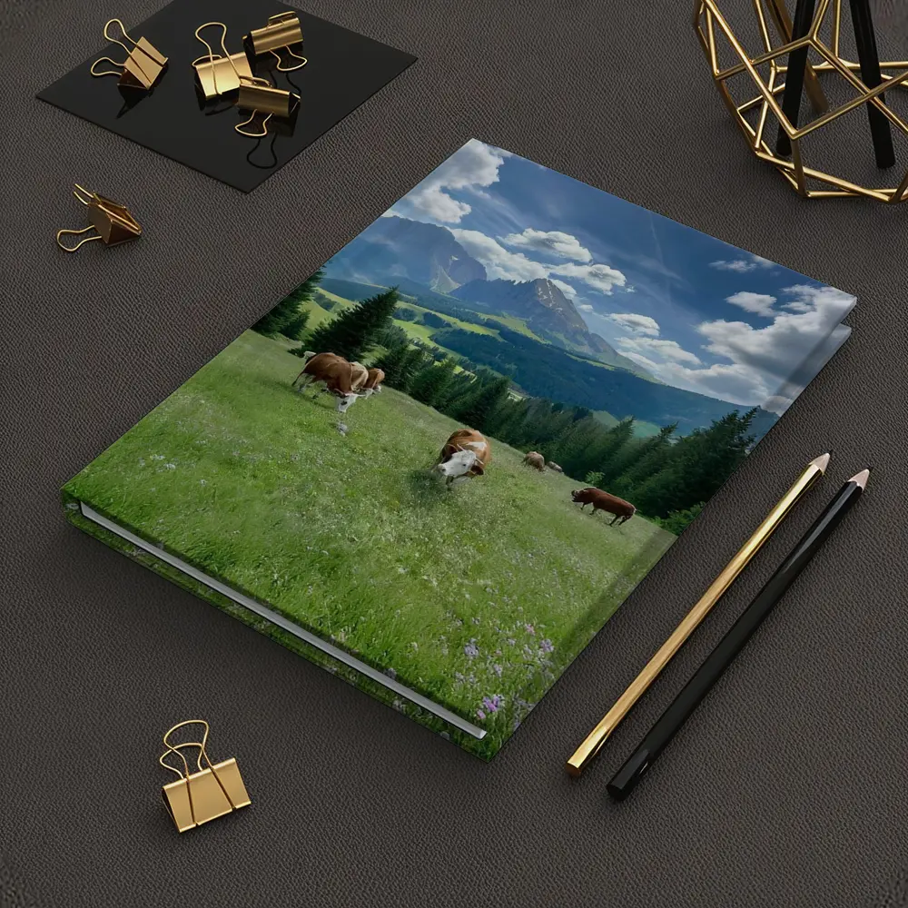 Cows Grazing Alpine Meadow Mountains Blue Sky – Notebooks