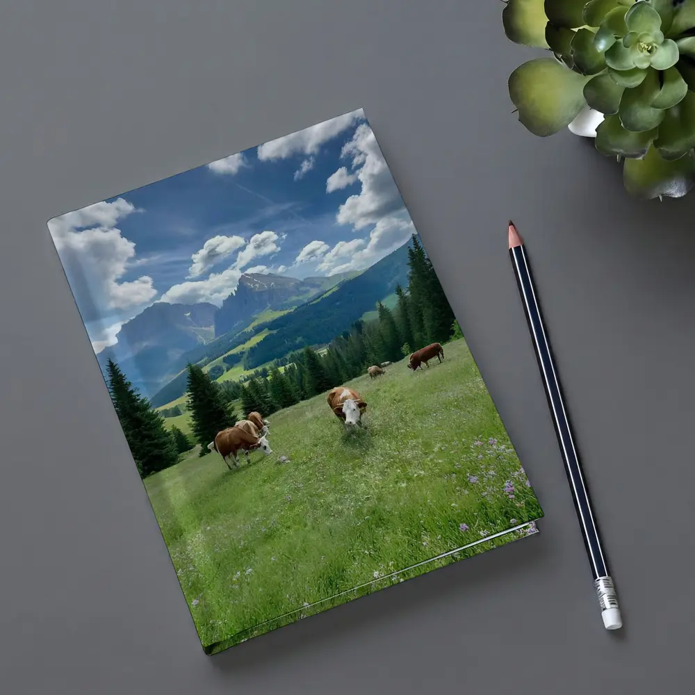 Cows Grazing Alpine Meadow Mountains Blue Sky – Notebooks