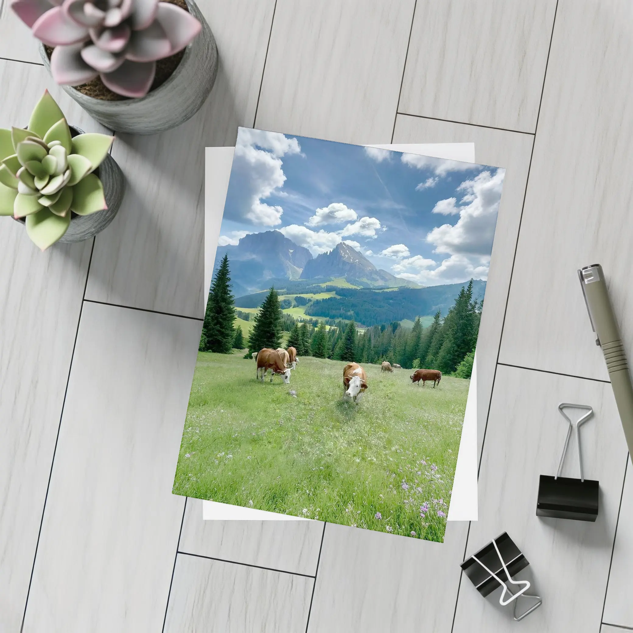 Cows Grazing Alpine Meadow Mountains Blue Sky – Postcards