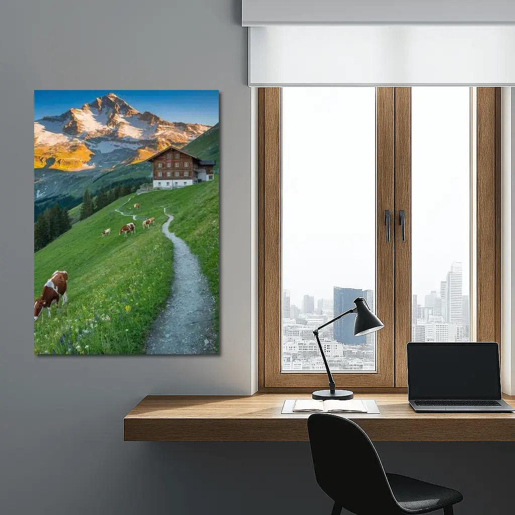 Alpine Meadow Cows Mountain Chalet Switzerland – Wall Art