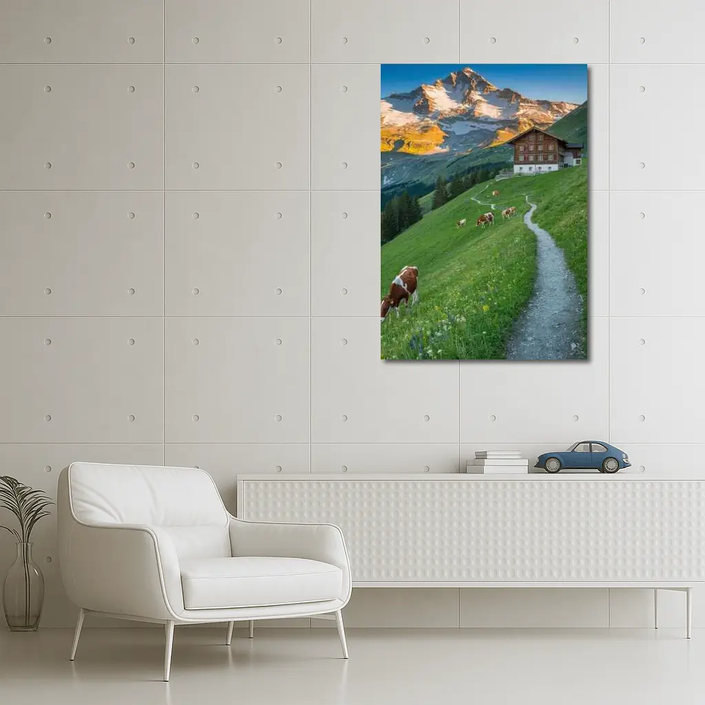 Alpine Meadow Cows Mountain Chalet Switzerland – Wall Art