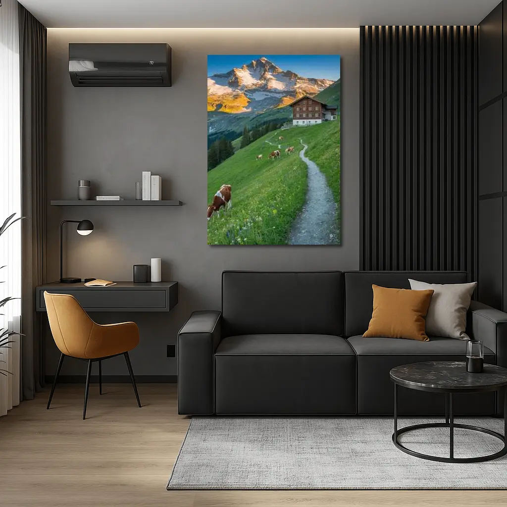 Alpine Meadow Cows Mountain Chalet Switzerland – Wall Art