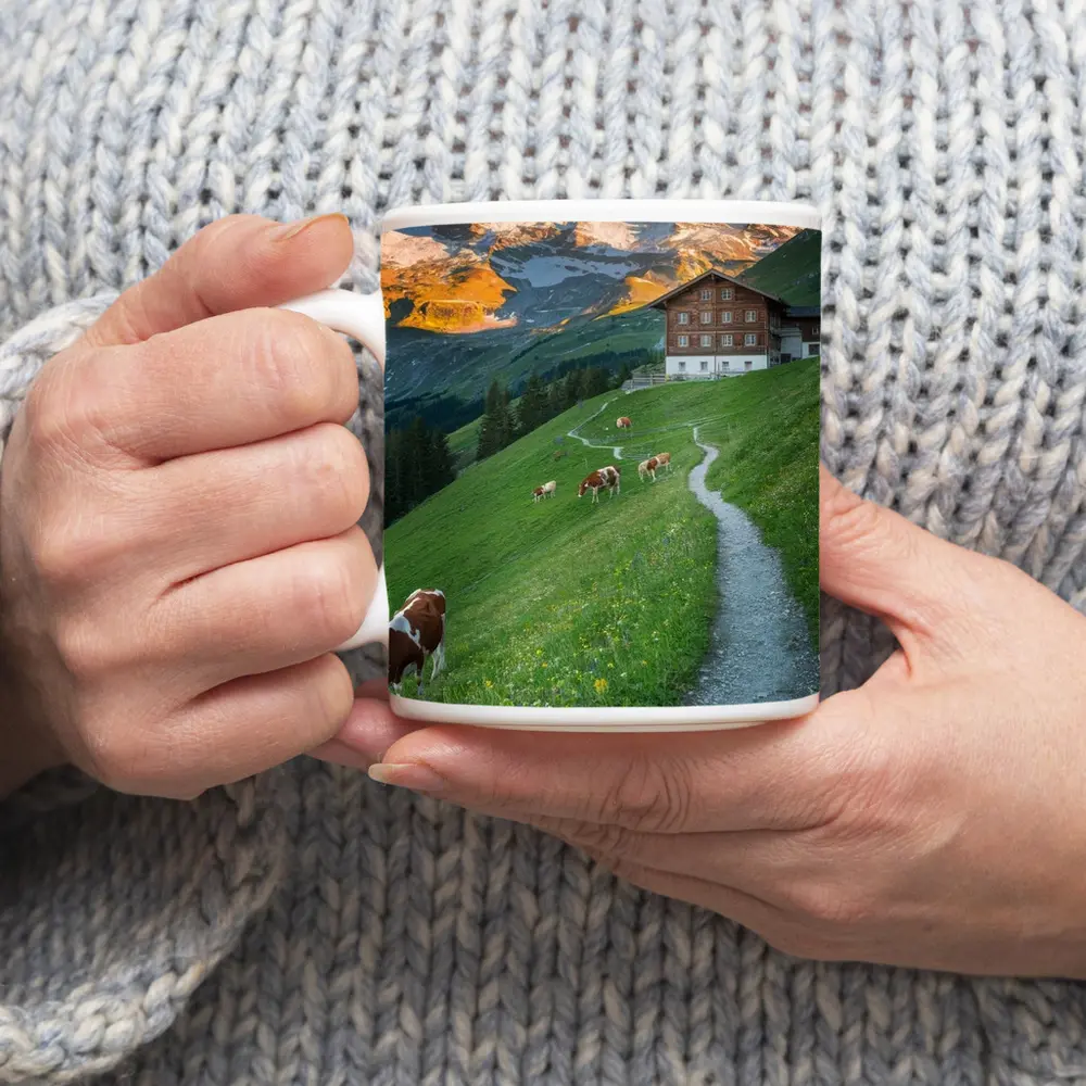 Alpine Meadow Cows Mountain Chalet Switzerland – Mugs