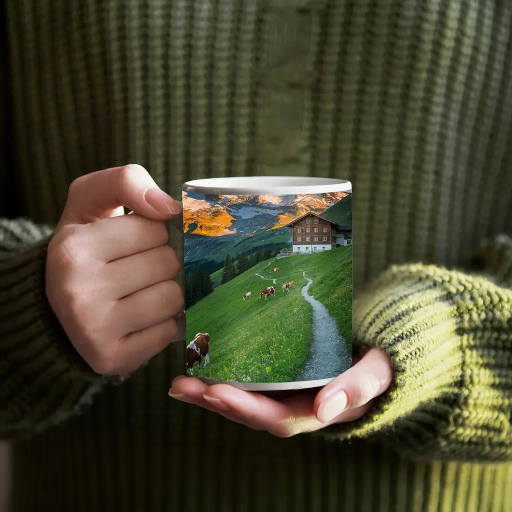 Alpine Meadow Cows Mountain Chalet Switzerland – Mugs