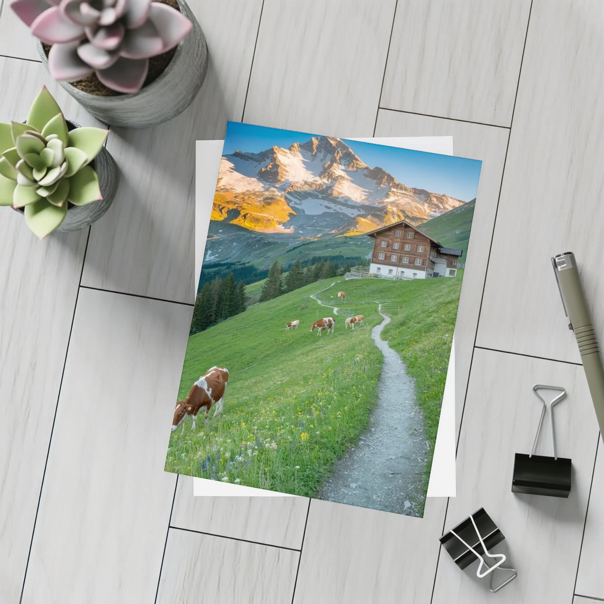 Alpine Meadow Cows Mountain Chalet Switzerland – Postcards